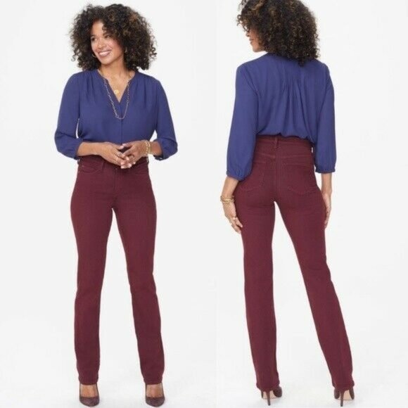 NYDJ Pants - NYDJ Women's Size 12 Marilyn Straight Denim Jeans, Marron Burgundy Red, NWT